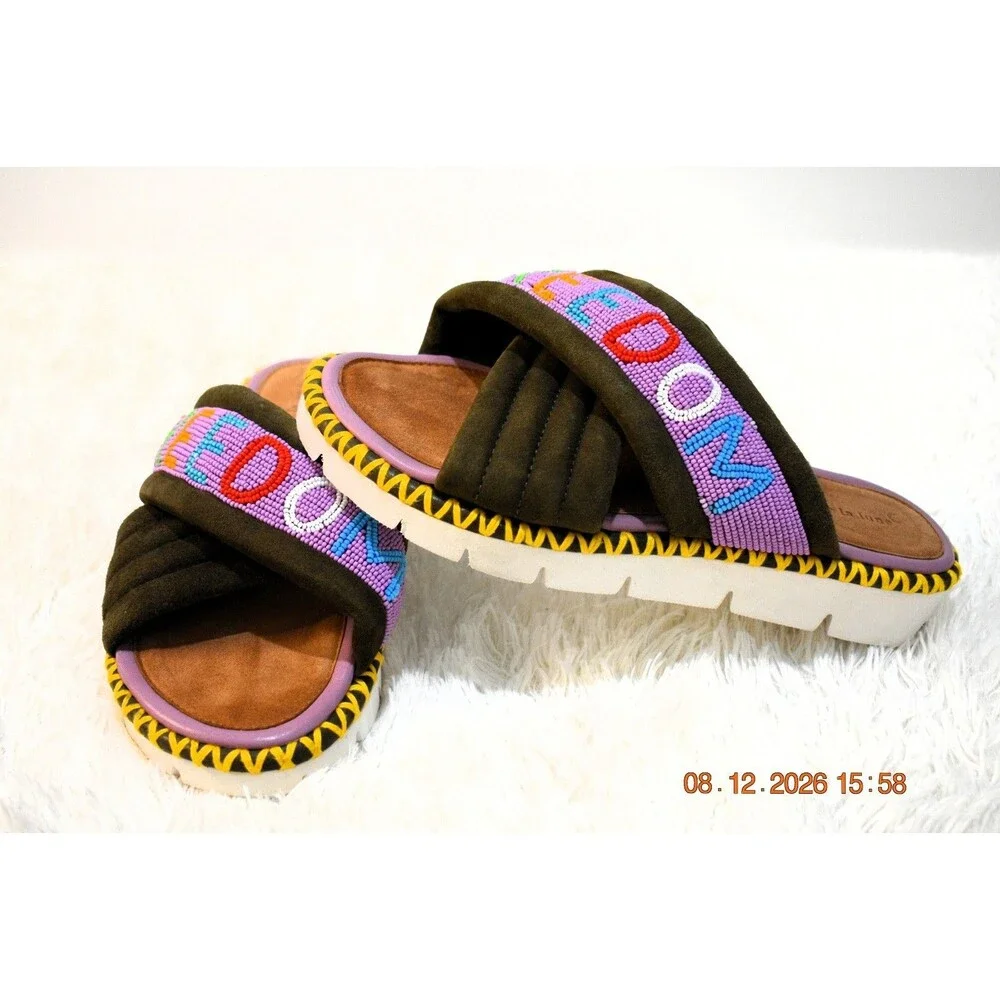 Rue De La Lune X Freedom Beaded Platforms Olive Suede Multicolor - Women's 39/8